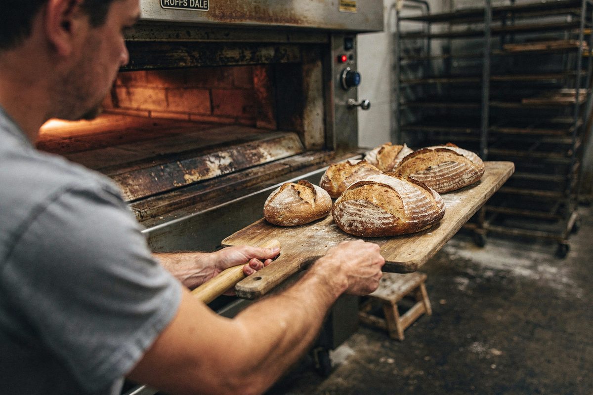 A baker's hands loading loaves into the deck oven on a long peel
