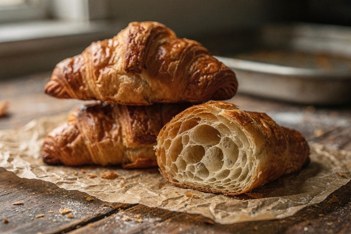 Stack of croissants with one cut open showing the laminated layers
