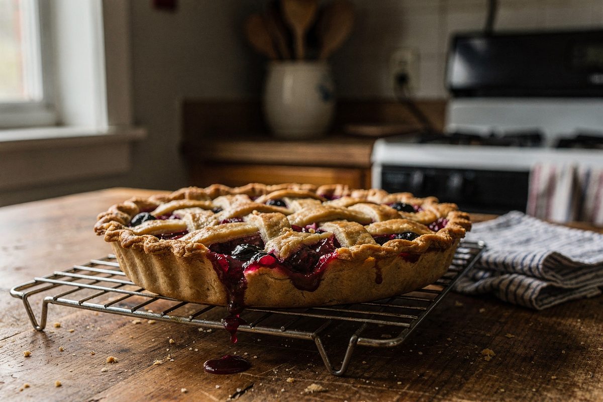 Lattice-top fruit pie cooling on a rack with a filling seep at the edge